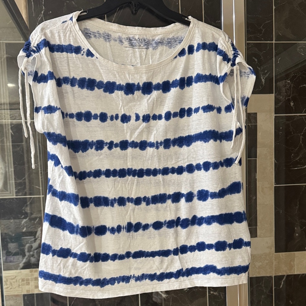 Talbots White and Blue Striped Tie-Shoulder Knit Top